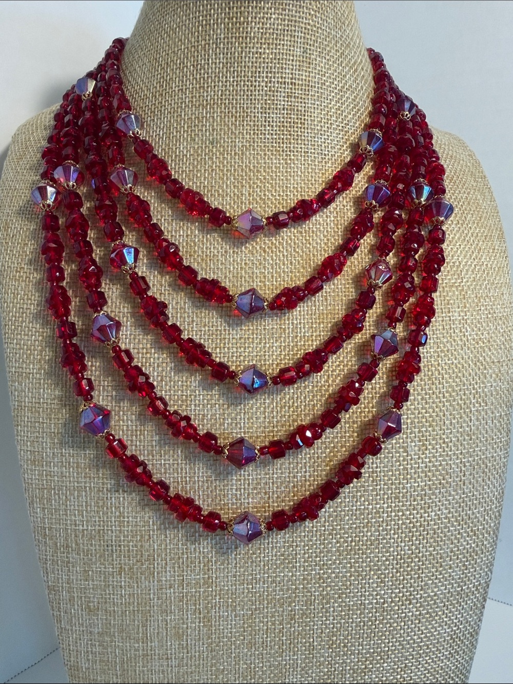 West Germany Vintage Five Strand Red Glass Necklace